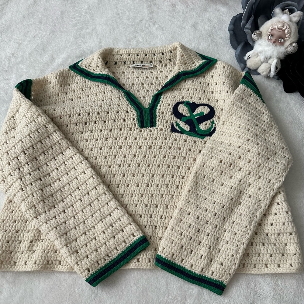 Sandro Paris Nicolas embroidered crocheted wool polo sweater - Picture 3 of 15